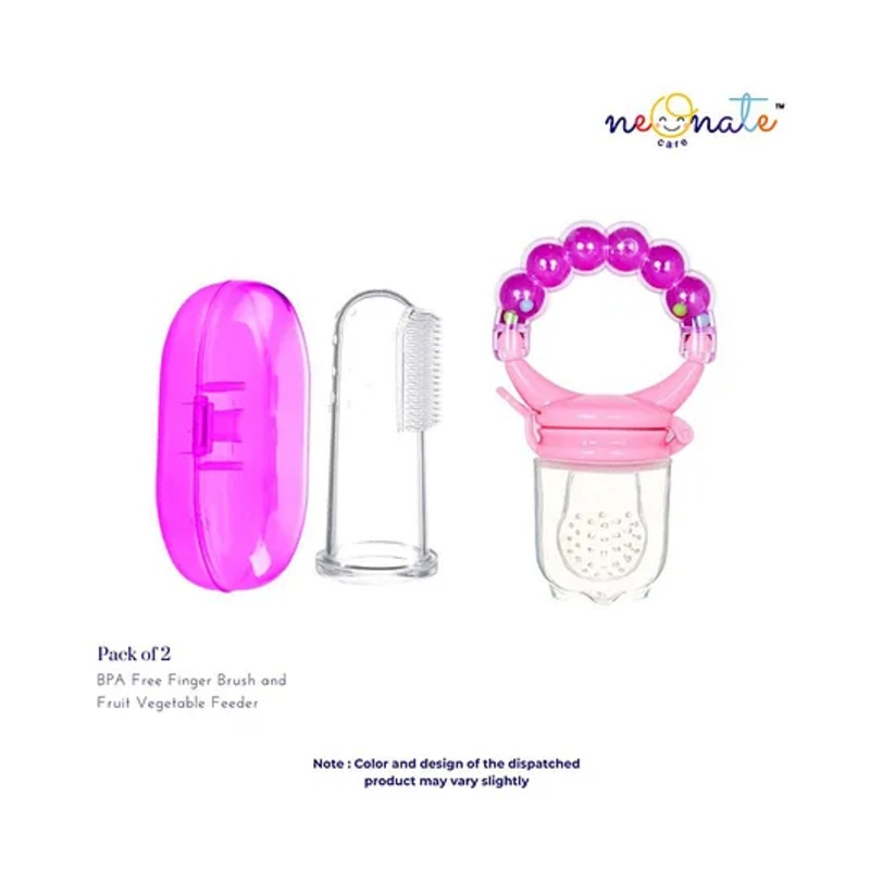 NeonateCare Baby Soft Bristles Finger Toothbrush Having Tongue Cleaner Back With Silicone Baby Food Fruit Vegetable Feeder Baby Teether  Baby Musical Rattle Soother Teething Toy For Toddlers Infants Babies Pink( Color and design may vary)