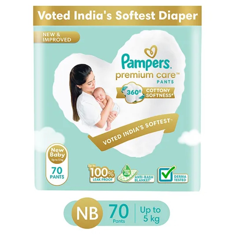 Pampers Premium Care Pants, New Born, Extra Small size baby diapers (NB,XS), 70 count, Softest ever Pampers