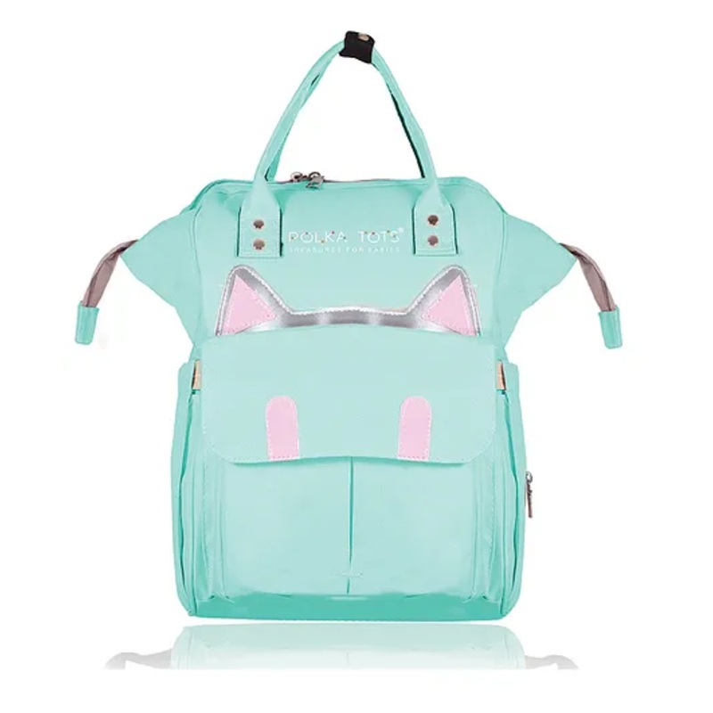 POLKA TOTS Cat Design Diaper Bags for Mothers | Maternity Waterproof Travel Backpacks Gift for Mom – Sea Green
