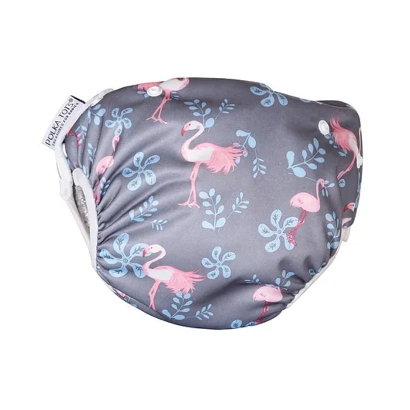 Polka Tots Reusable and Washable Baby Swim Diaper Costume With Size Adjustable Flamingo Design for 2 to 12 Months Kids – Grey