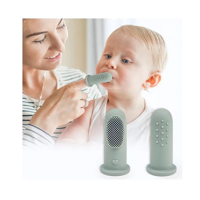 R for Rabbit Tiny Smiles Silicone 2 in 1 Gummy Finger Brush & Tongue Cleaner with Storage Case – Olive Green