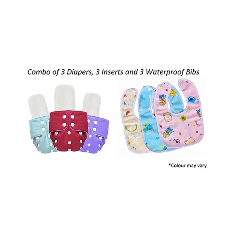 Tiny Tycoonz  Resuable and Washable Diapers with 3 Microfiber Extra Absorvent Seven Layers Inserts and 3 Waterproof Bibs Pack of 3 – Multicolour