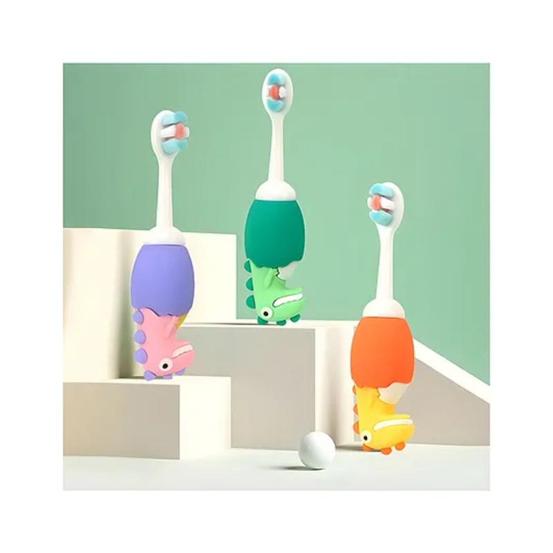 YAMAMA Cute Dino Design Soft Toothbrush For Babies And Kids Extra Microfiber Soft Bristles With Silicone Grip  – (Pack of 3  Color And Design May Vary)