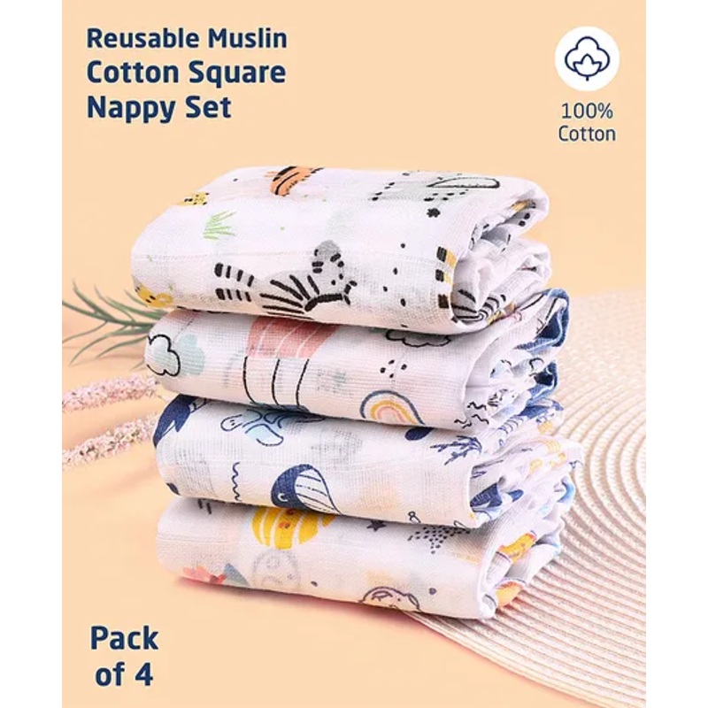 ZOE Printed Reusable Muslin Cotton Square Nappy Set Pack of 4 – Multicolor